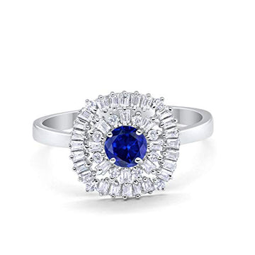 Halo Engagement Ring Baguette Simulated Blue Sapphire CZ 925 Sterling Silver